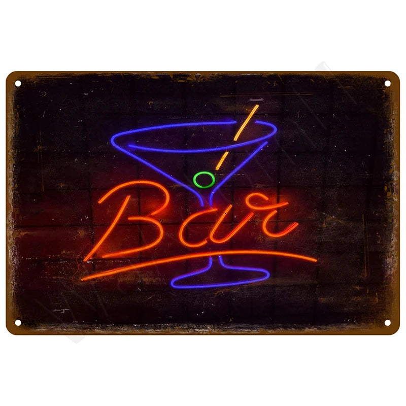 Bar neon-style cocktail metal tin sign featuring vibrant blue martini glass with olive and stirrer paired with bold orange Bar script lettering in glowing neon tube style against dark background with weathered rustic edges