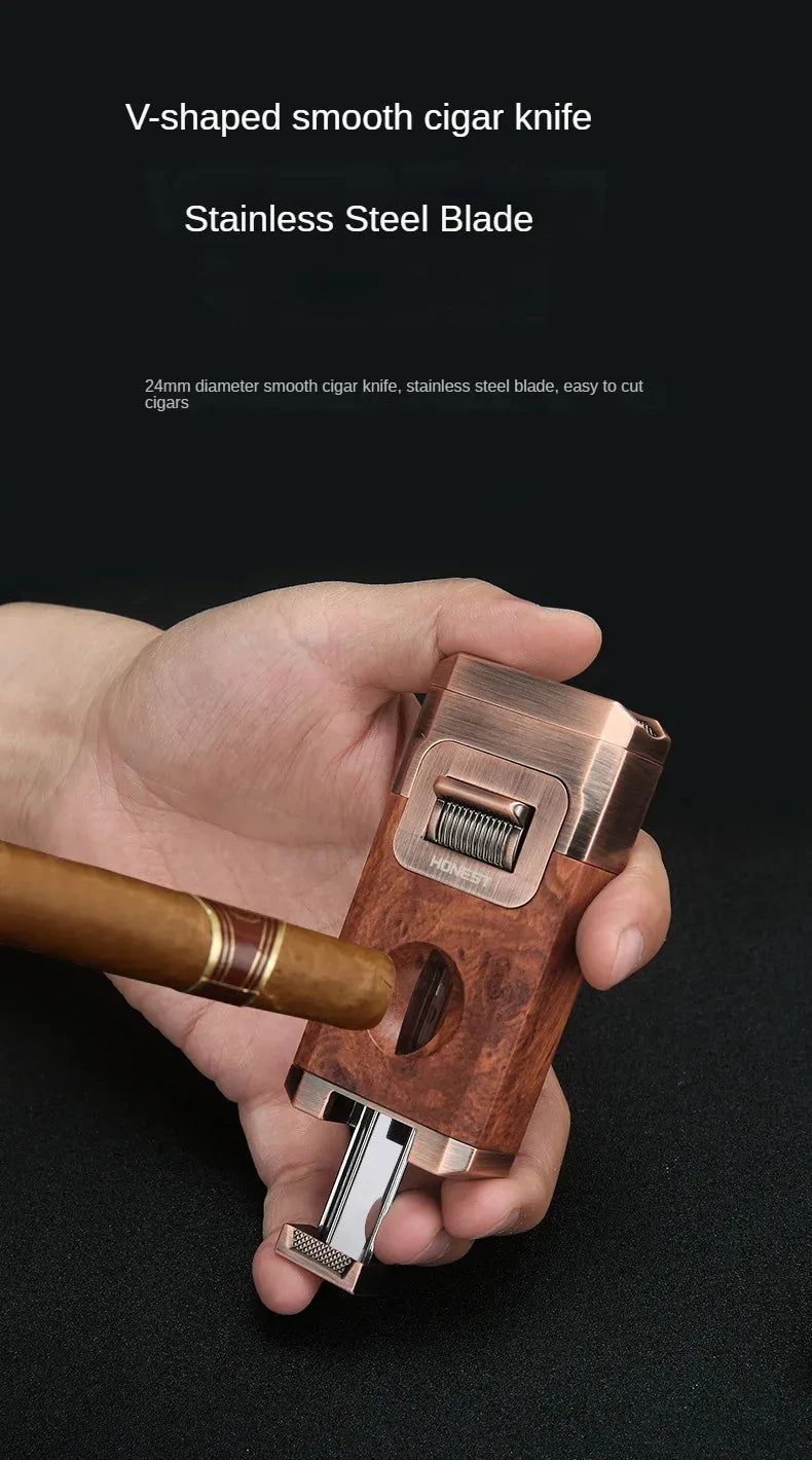 Triple-Flame Cigar Lighter with Cutter and Holder in elegant gift box - cigar knife