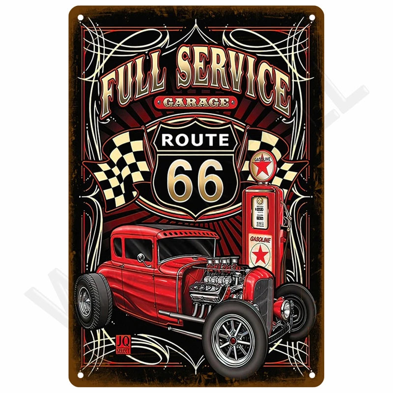 Route 66 Full Service Garage retro metal tin sign featuring vintage hot rod, gas pump, and checkered flag design on distressed black background