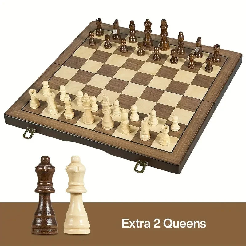Magnetic Wooden Chess Set showing folding design, magnetic pieces and portable carrying case - 2 extra queens