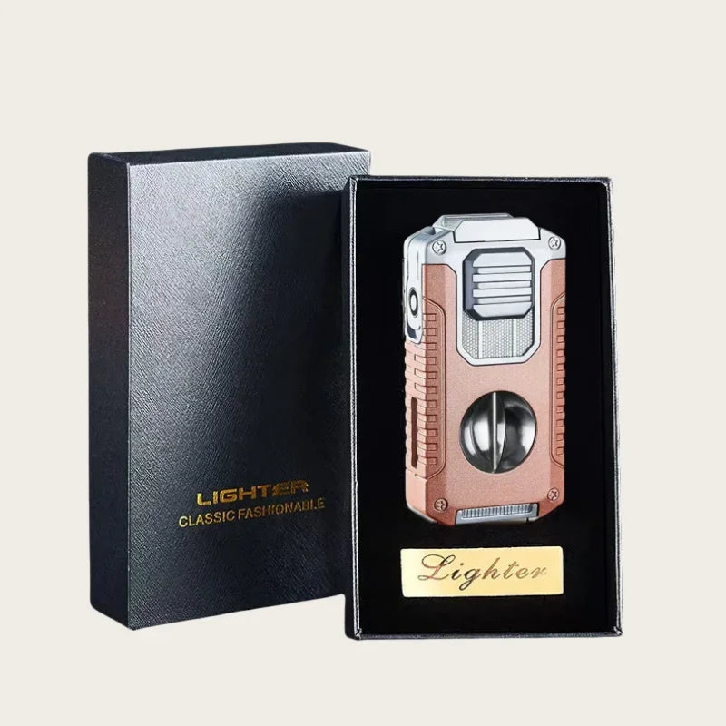 Triple-Flame Cigar Lighter with Cutter and Holder in elegant gift box - gold lighter