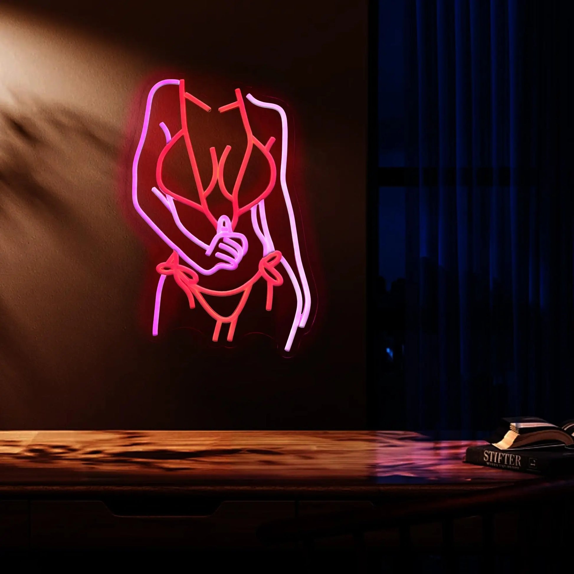 Rose neon sign lifestyle shot showing wall installation with vibrant pink glow in dark ambient setting - wall setting