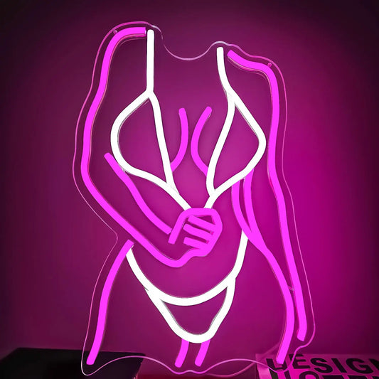 Curvy woman figure LED neon sign in vibrant pink featuring bold feminine silhouette for bedroom or bar wall decor