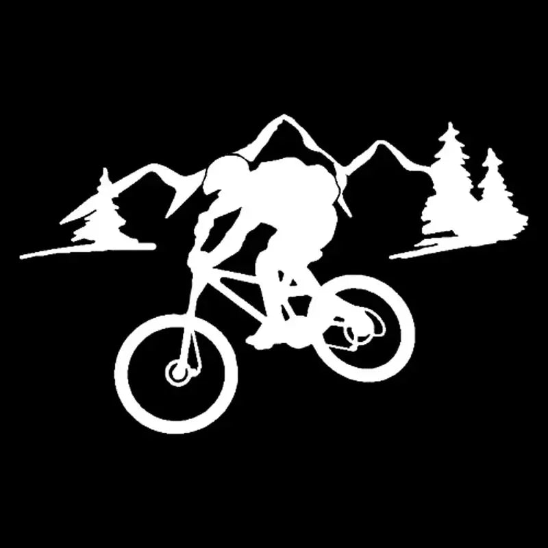 Mountain bike rider vinyl sticker in black and white featuring MTB cyclist silhouette with mountain landscape design