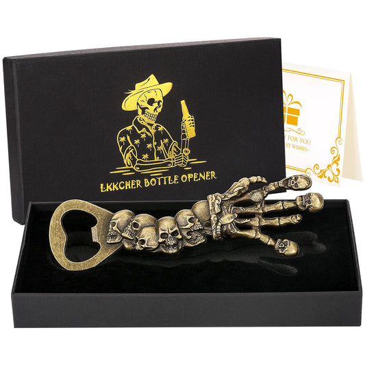 Skull Chain Bottle Opener Keychain in brass metal with linked skull design - unique EDC accessory
