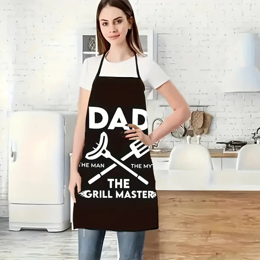 Dad The Grill Master BBQ Apron with funny text and grilling tools graphic - adjustable waterproof apron for Father's Day gift