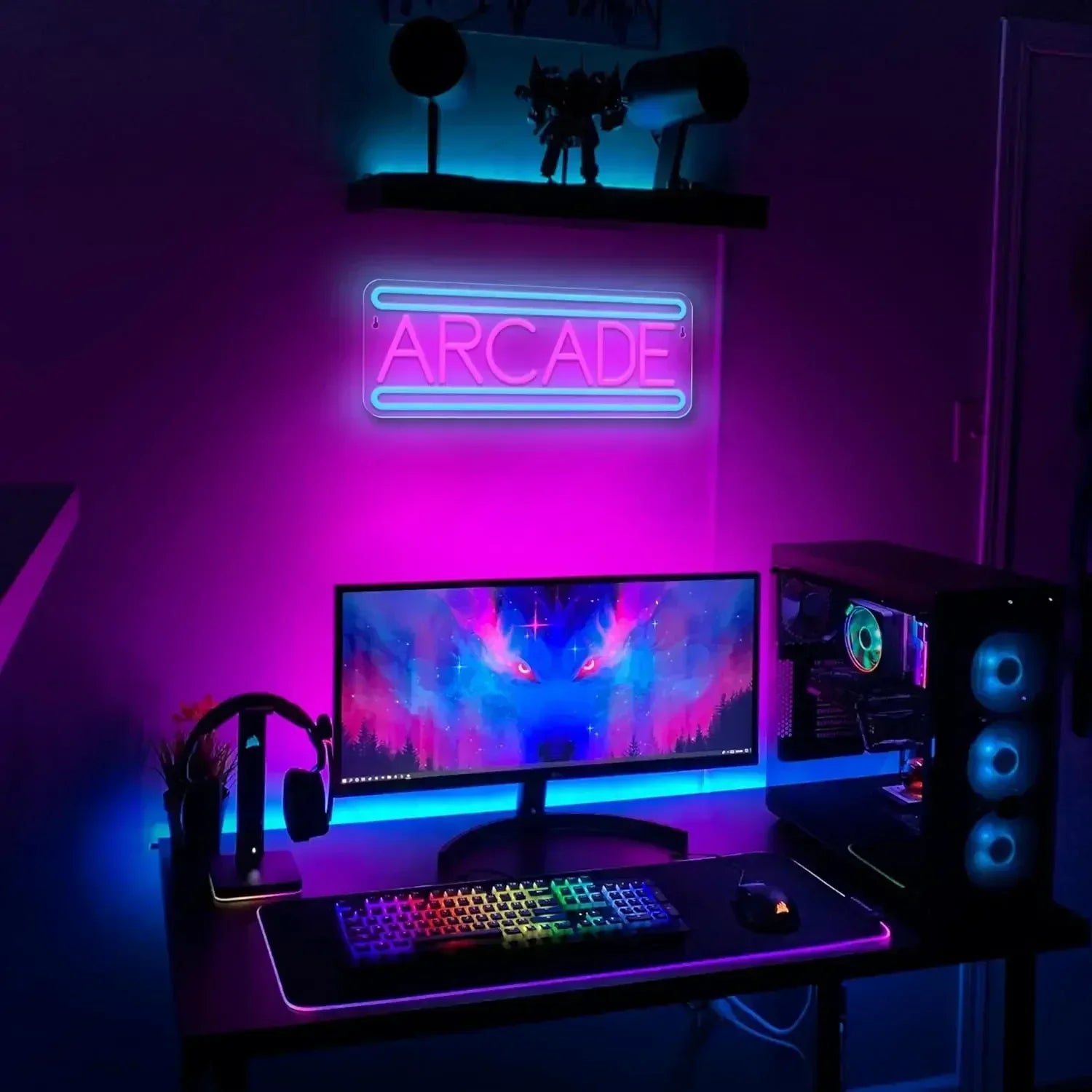 ARCADE LED neon wall light lifestyle shot showing installation in dark game room setting