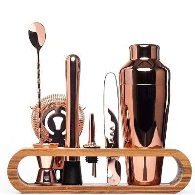 Luxury Cocktail Bar Set 10-Piece Mixology Kit with bamboo stand in copper plated finish - home bar essentials