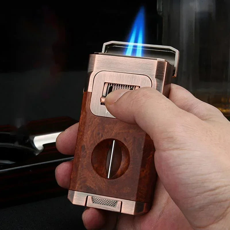 Dual-Flame Cigar Lighter with Cutter and Holder showing torch flames - premium cigar accessory set