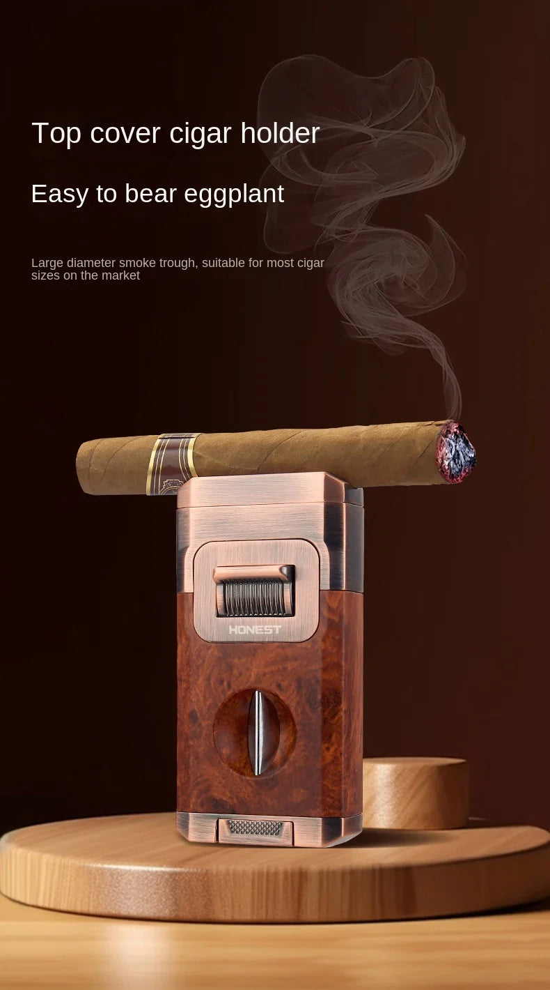 Dual-Flame Cigar Lighter in elegant gift box with built-in cutter and holder features - red cigar holder