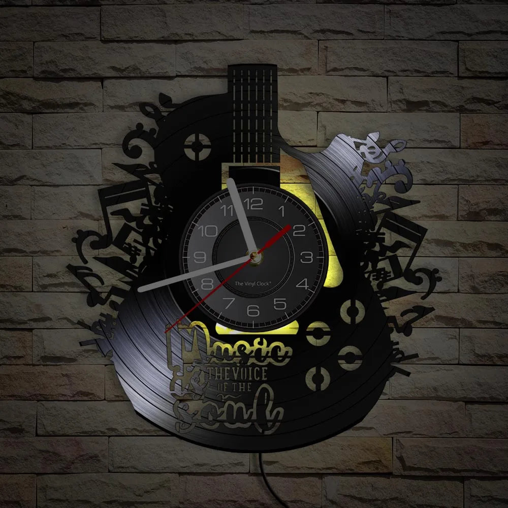 Guitar vinyl record wall clock with yellow LED backlighting example