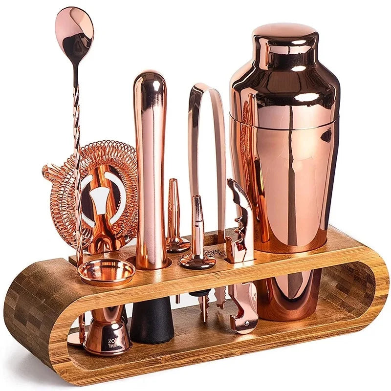 Luxury Cocktail Bar Set 10-Piece Mixology Kit with bamboo stand in copper plated finish - home bar essentials