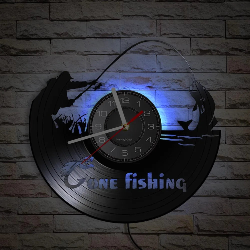 Gone Fishing vinyl record wall clock with blue LED backlighting example