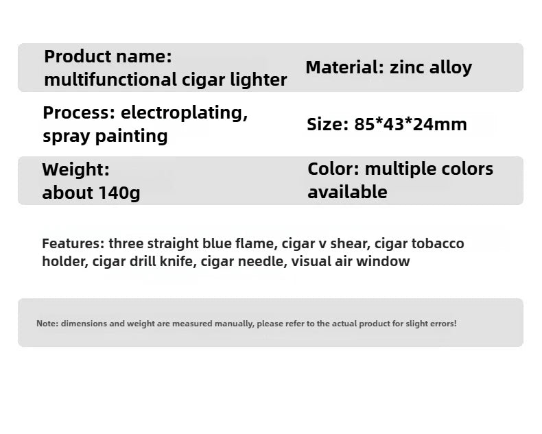 Dual-Flame Cigar Lighter in elegant gift box with built-in cutter and holder features - specifications