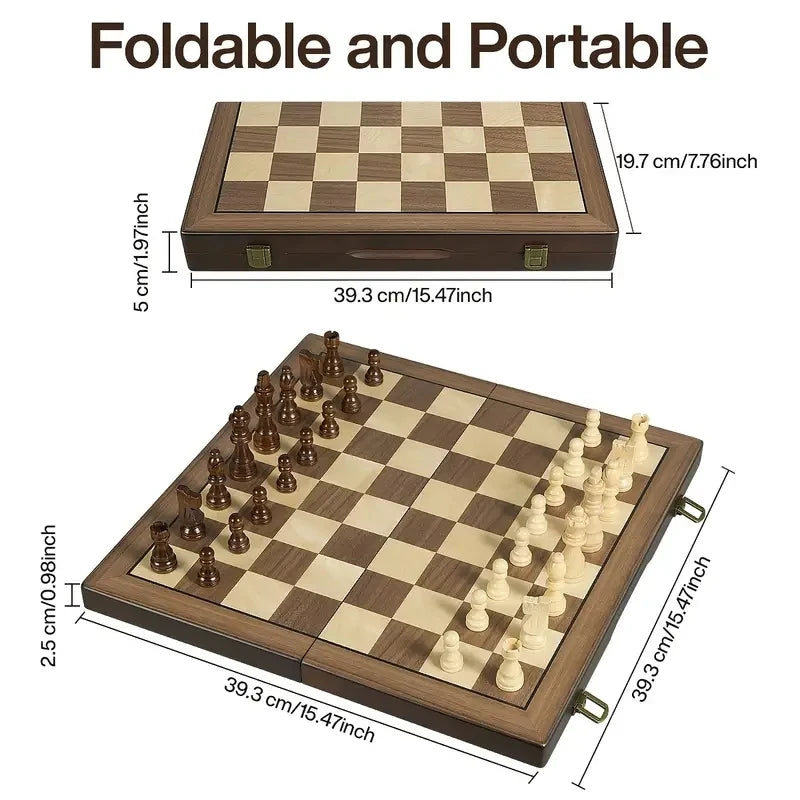 Magnetic Wooden Chess Set showing folding design, magnetic pieces and portable carrying case - dimensions