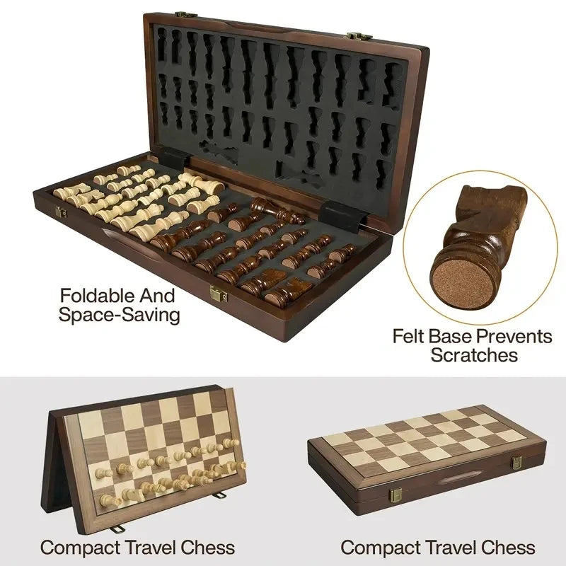 Magnetic Wooden Chess Set showing folding design, magnetic pieces and portable carrying case - felt base