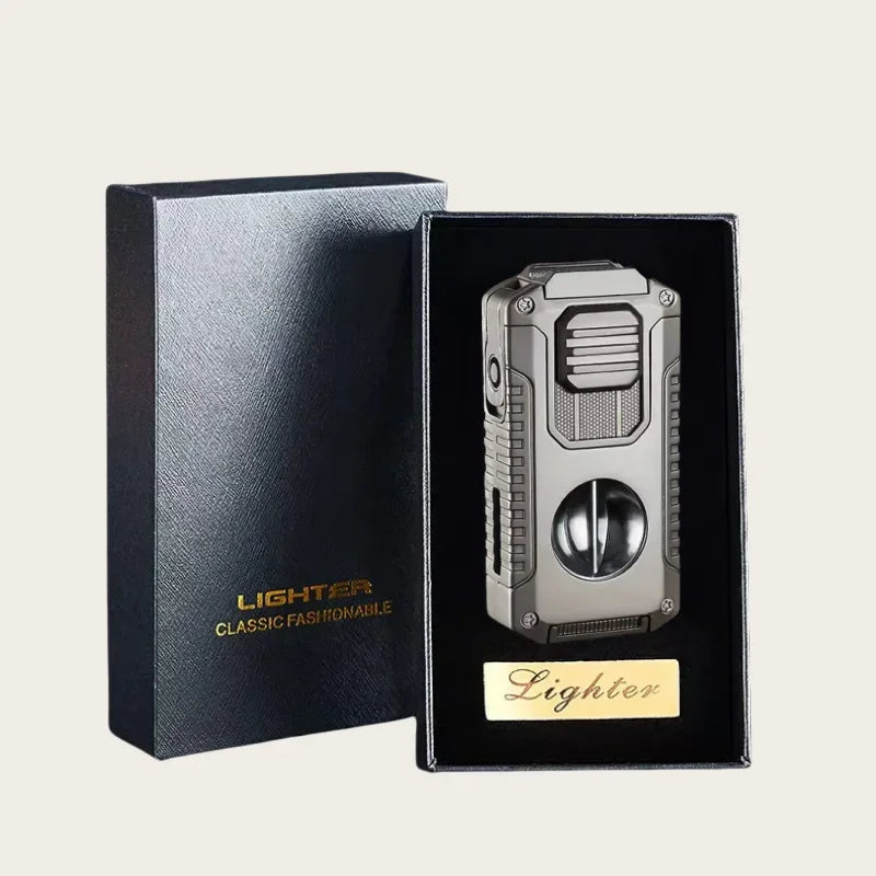 Triple-Flame Cigar Lighter with Cutter and Holder in elegant gift box - ash lighter