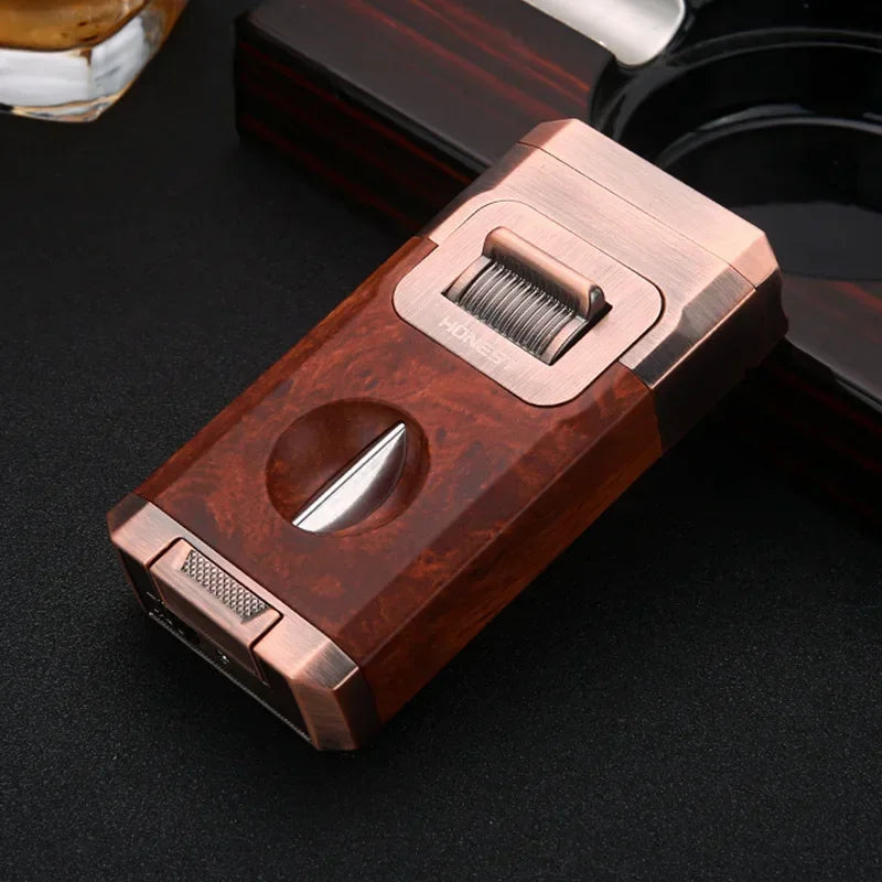 Dual-Flame Cigar Lighter in elegant gift box with built-in cutter and holder features - red dual flame