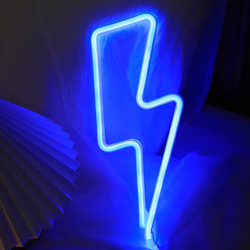 Lightning bolt neon sign in blue featuring vibrant electric blue glow