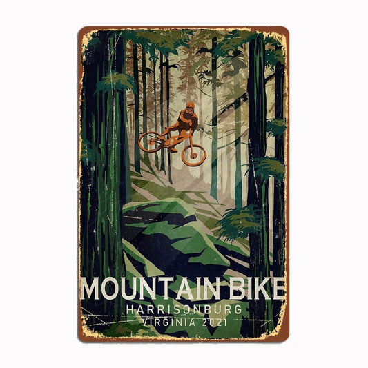 Mountain Bike Enduro & Downhill vintage metal tin sign featuring dramatic mountain biker navigating through mystical forest landscape with classic distressed edges and authentic weathered finish