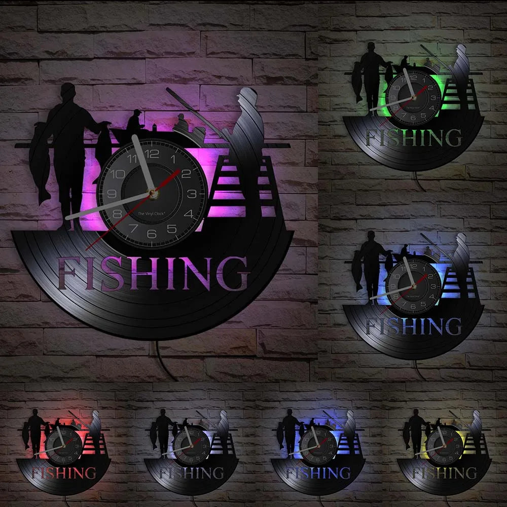 Fishing vinyl record clock LED color options display showing multiple backlighting choices