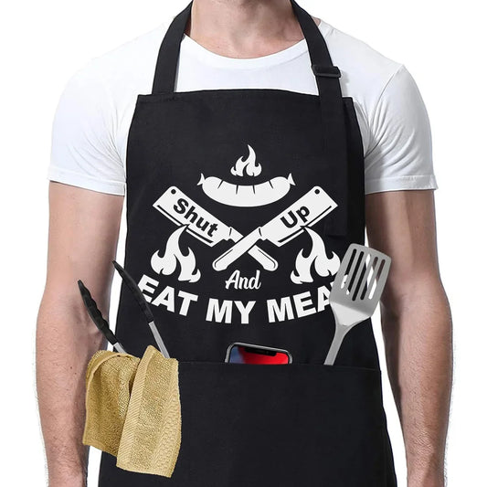 Eat My Meat BBQ Apron with funny bold text and grilling tools - adjustable waterproof grill apron with pockets
