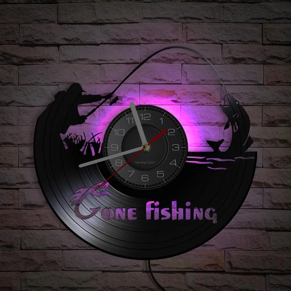 Fishing vinyl record wall clock with pink LED backlighting example