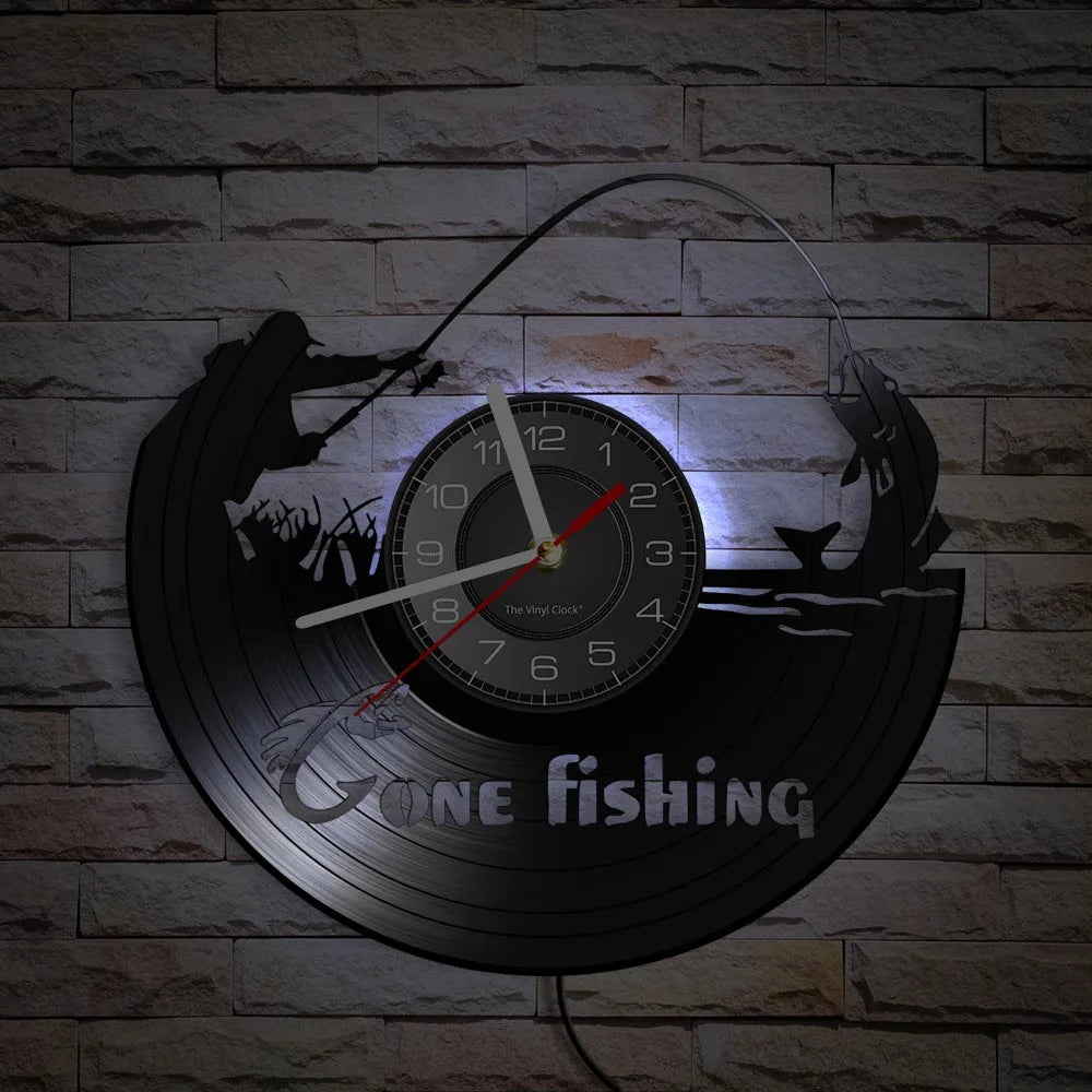 Fishing vinyl record wall clock with white LED backlighting example