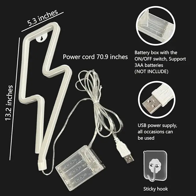 Lightning bolt neon sign in white showing product packaging and specifications