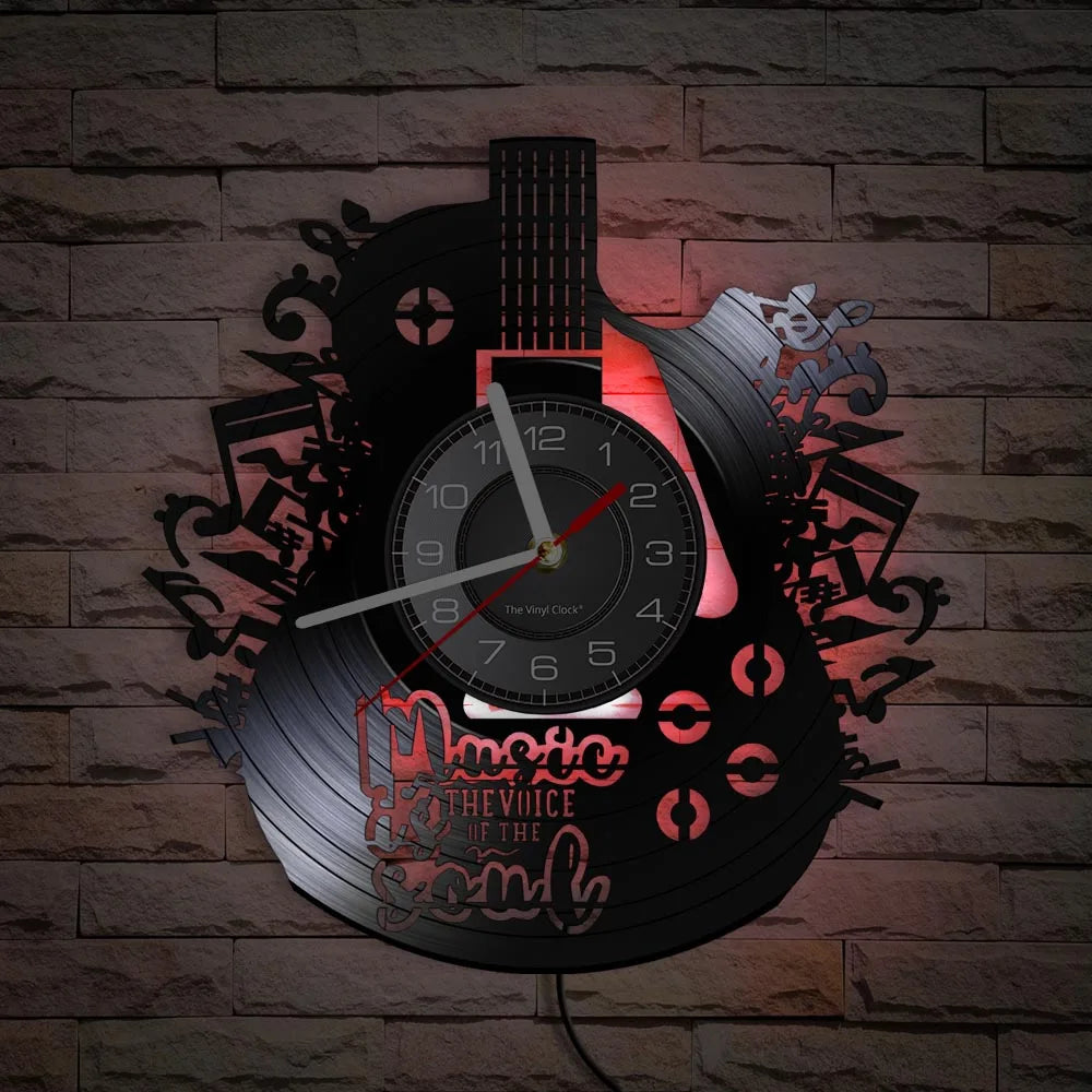 Electric guitar vinyl record wall clock with red LED backlighting example