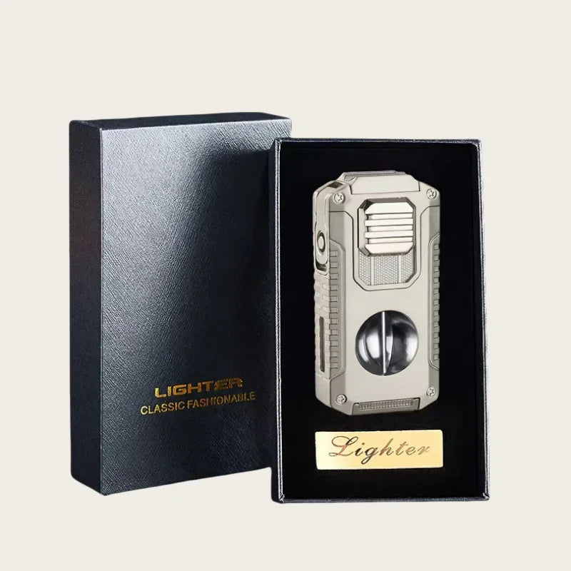 Triple-Flame Cigar Lighter with Cutter and Holder in elegant gift box - nickel lighter