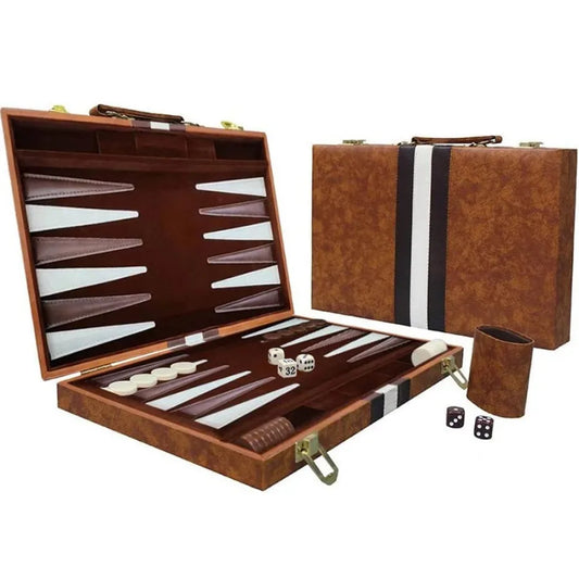 Classic Backgammon Set with premium leather folding board, checkers, and dice - complete travel game