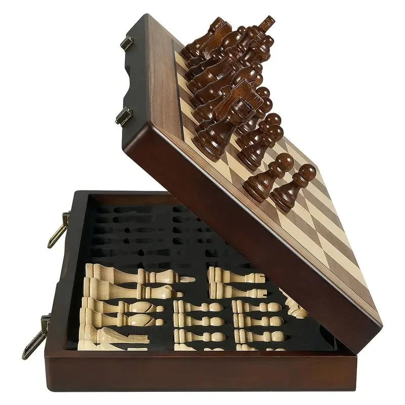 Magnetic Wooden Chess Set showing folding design, magnetic pieces and portable carrying case