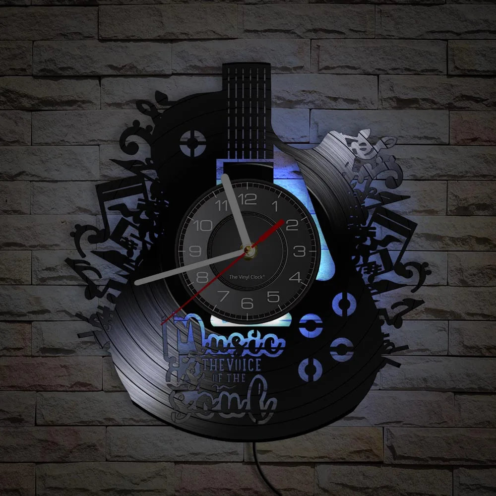 Electric guitar vinyl record wall clock with blue LED backlighting example