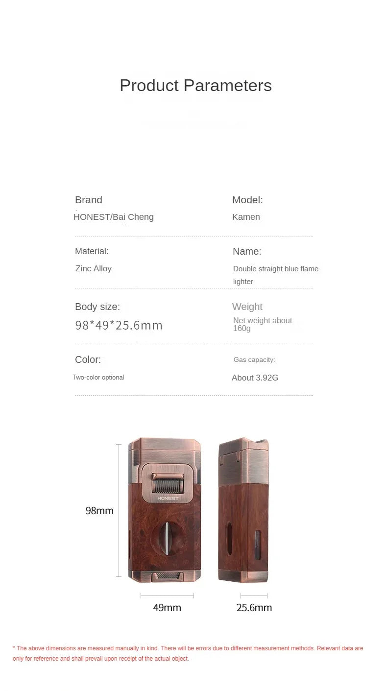 Dual-Flame Cigar Lighter in elegant gift box with built-in cutter and holder features - dimensions