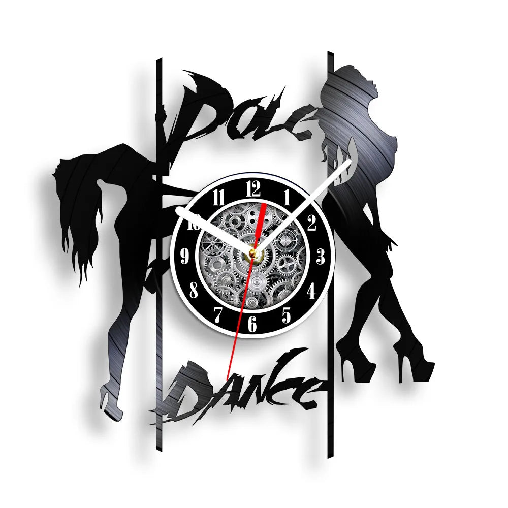 Pole Dance vinyl record wall clock featuring artistic laser-cut dancer silhouette performing graceful pose on pole with watercolor-style brushstroke Pole Dance text on black vinyl record