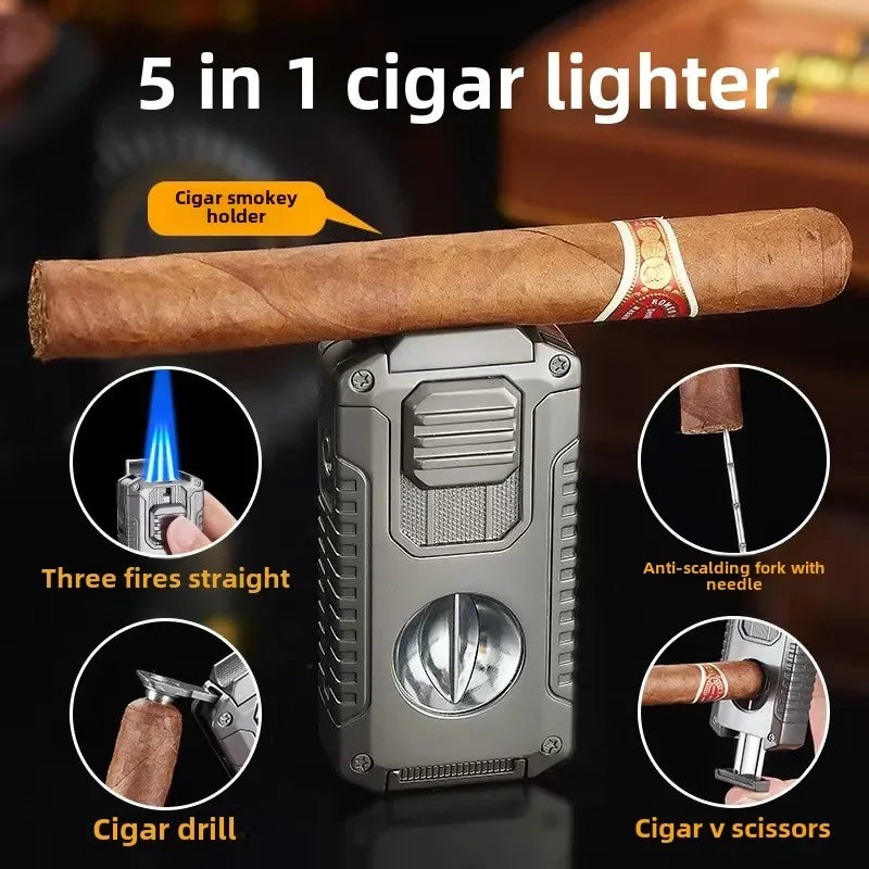 Triple-Flame Cigar Lighter with Cutter and Holder in elegant gift box - cigar lighter accessories and functions