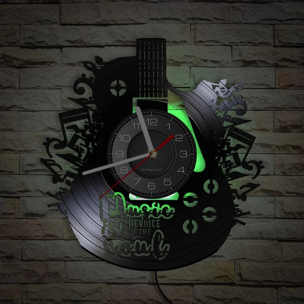 Guitar vinyl record wall clock with green LED backlighting example