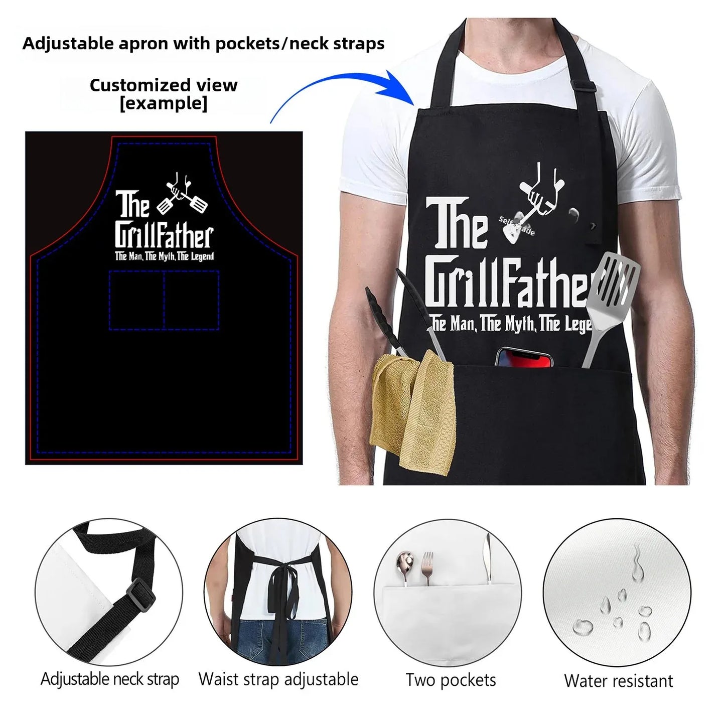 May the Forks Be With You BBQ Apron showing waterproof fabric, pockets and Star Wars inspired design - funny cooking apron - information