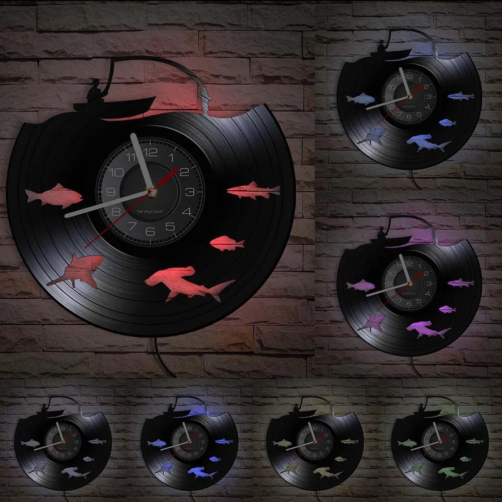 Fishing vinyl record clock LED color options display showing multiple backlighting choices