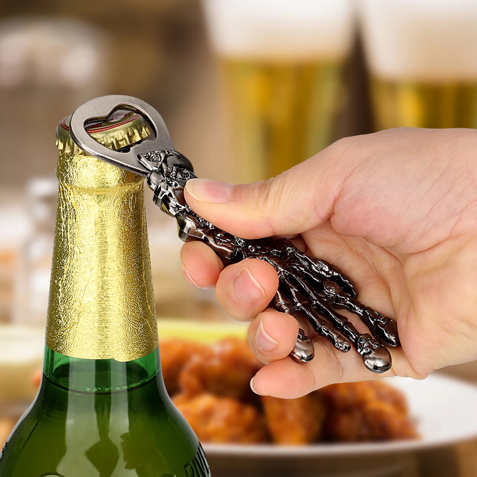 Skull Chain Bottle Opener Keychain in brass metal with linked skull design - unique EDC accessory - opening beer lid