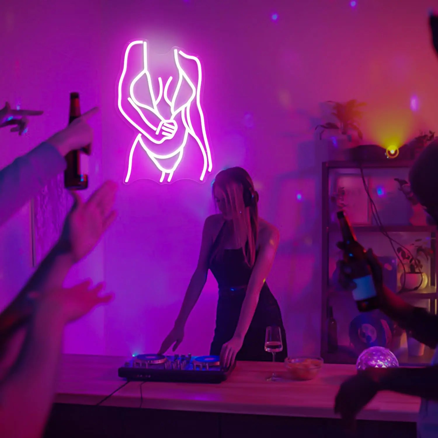 Curvy woman figure neon sign lifestyle shot showing vibrant pink glow in dark ambient bedroom setting