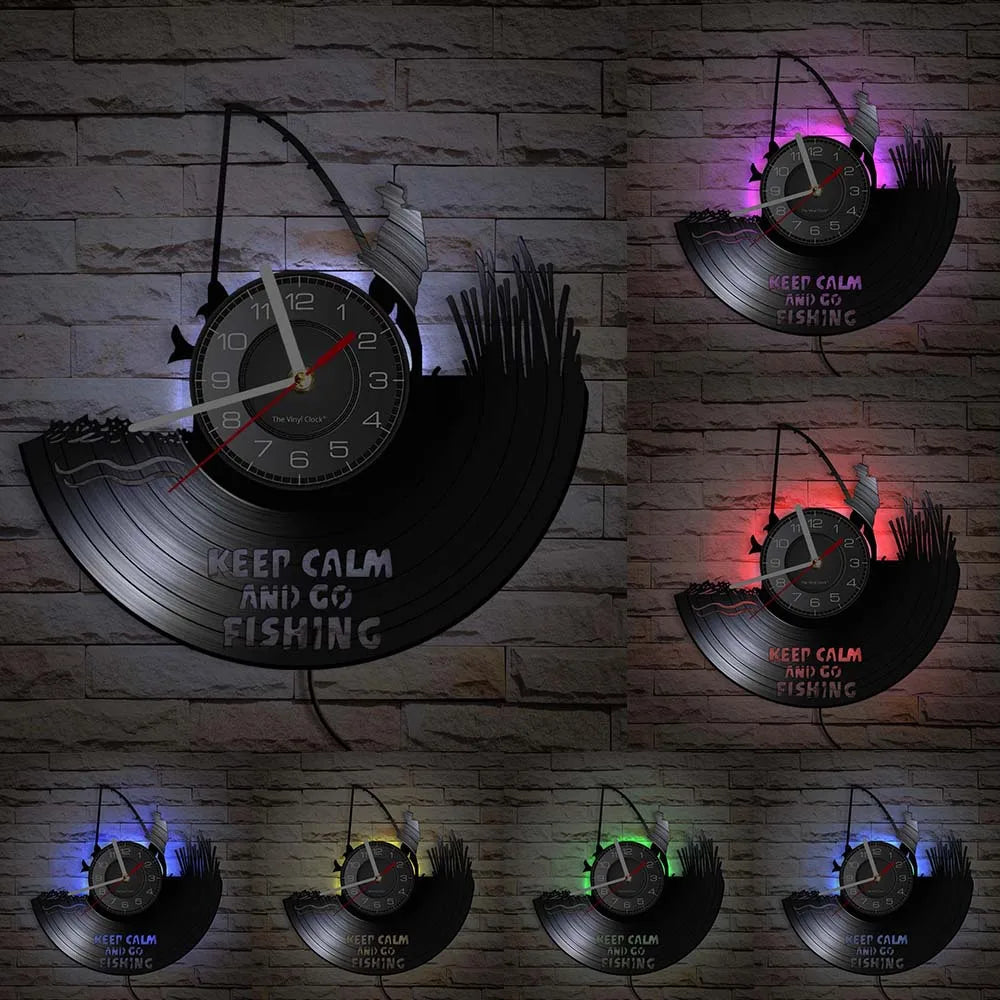Fishing vinyl record wall clock display showing multiple color LED options