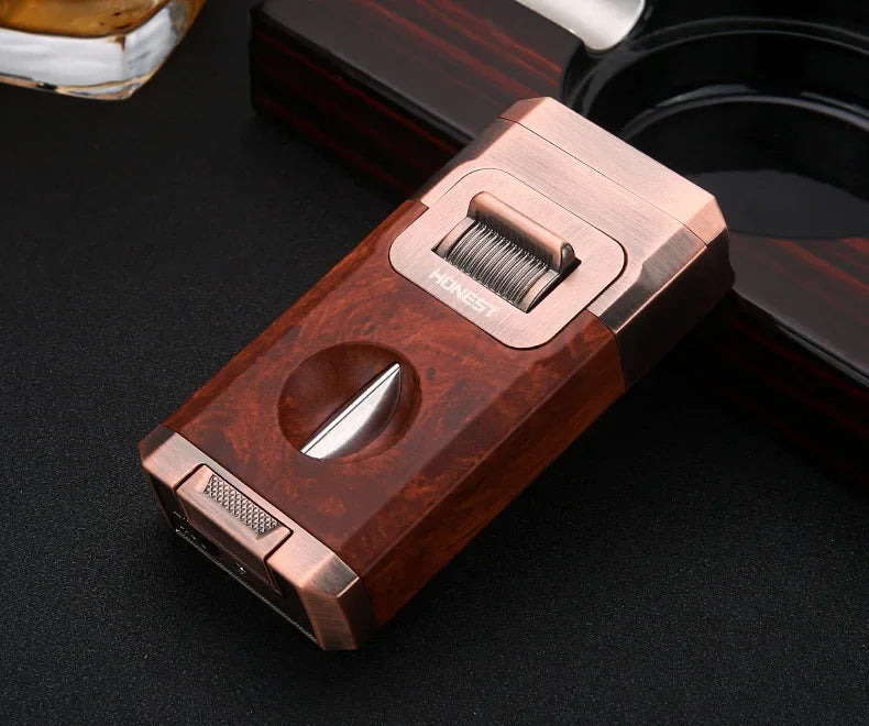 Deluxe Triple-Flame Cigar Lighter with Cutter & Holder