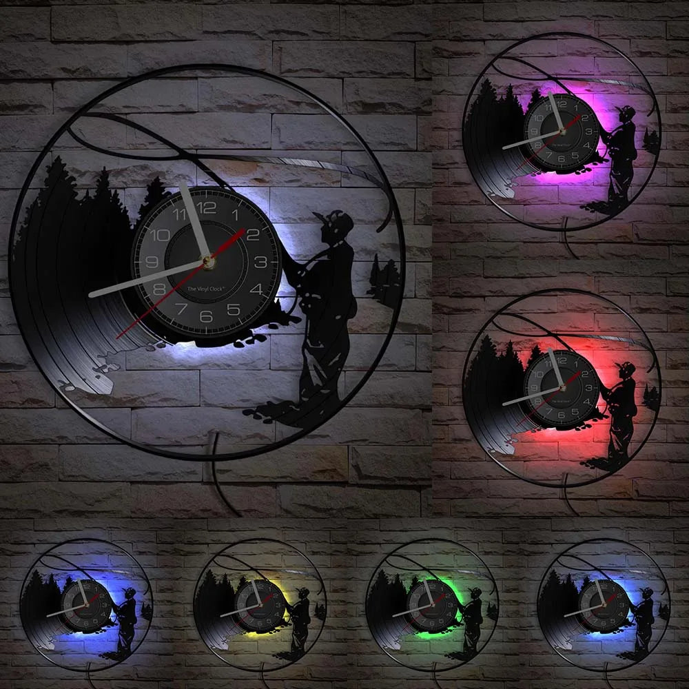 Fly fishing vinyl record wall clock display showing multiple color LED options