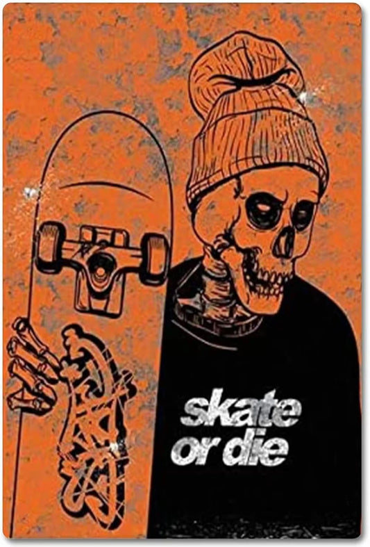 Skate or Die retro poster featuring bold skeleton holding skateboard with orange and black vintage design and edgy typography