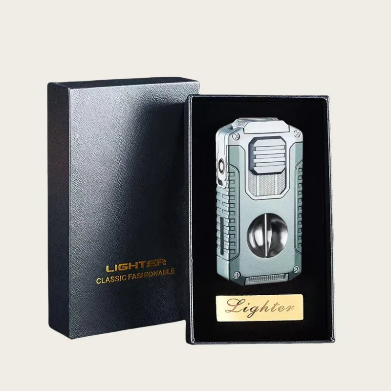 Triple-Flame Cigar Lighter with Cutter and Holder in elegant gift box - grey sand lighter
