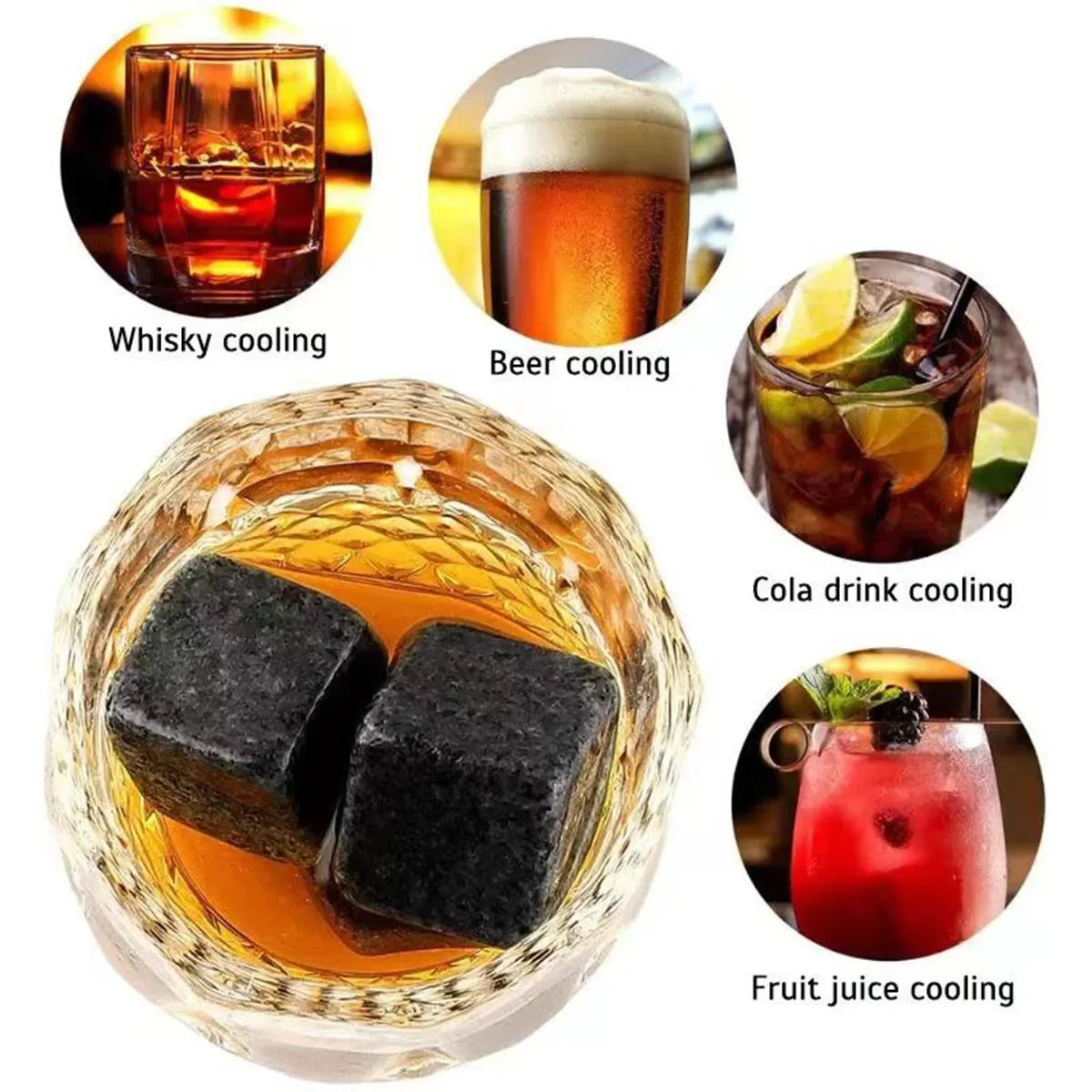 Whiskey Stones Gift Set with 8 granite chilling cubes in wooden box - premium barware gift - cubes in glass