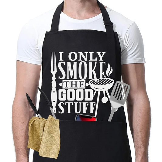 I Only Smoke the Good Stuff BBQ Apron with funny text and grilling tools - adjustable waterproof grill apron with pockets