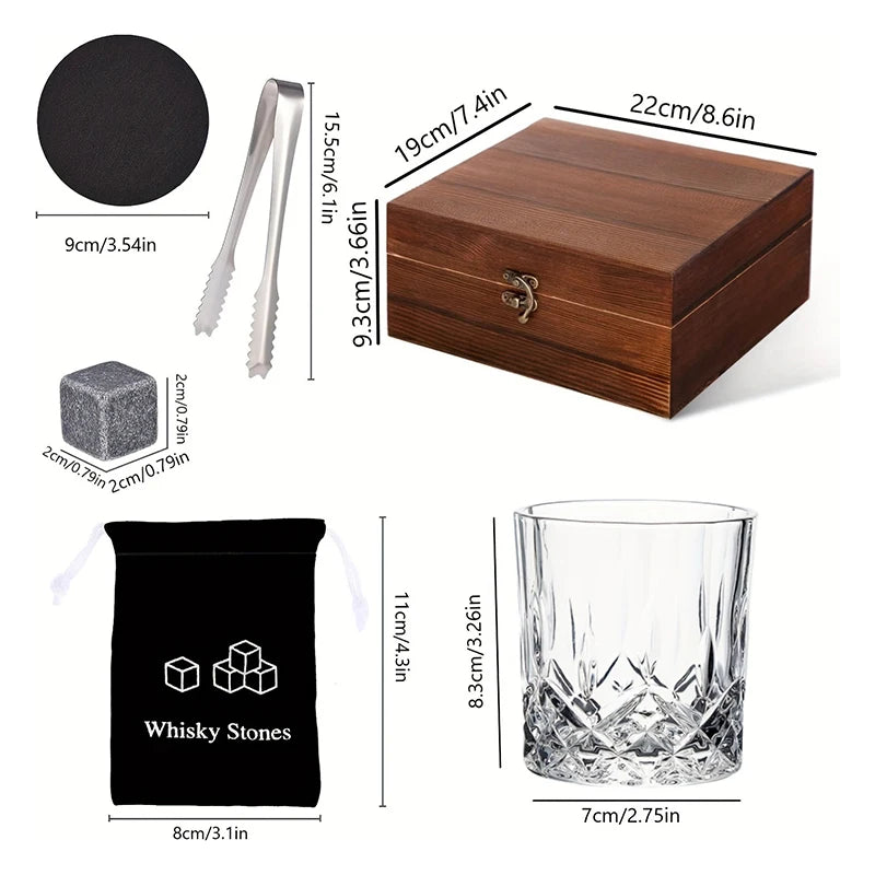 Whiskey Stones Gift Set with 8 granite chilling cubes in wooden box - premium barware gift - dimensions